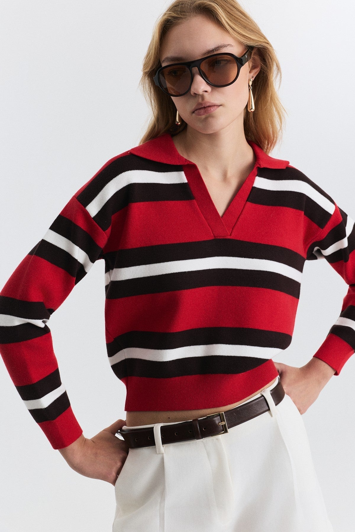 Striped Polo-Neck Sweater