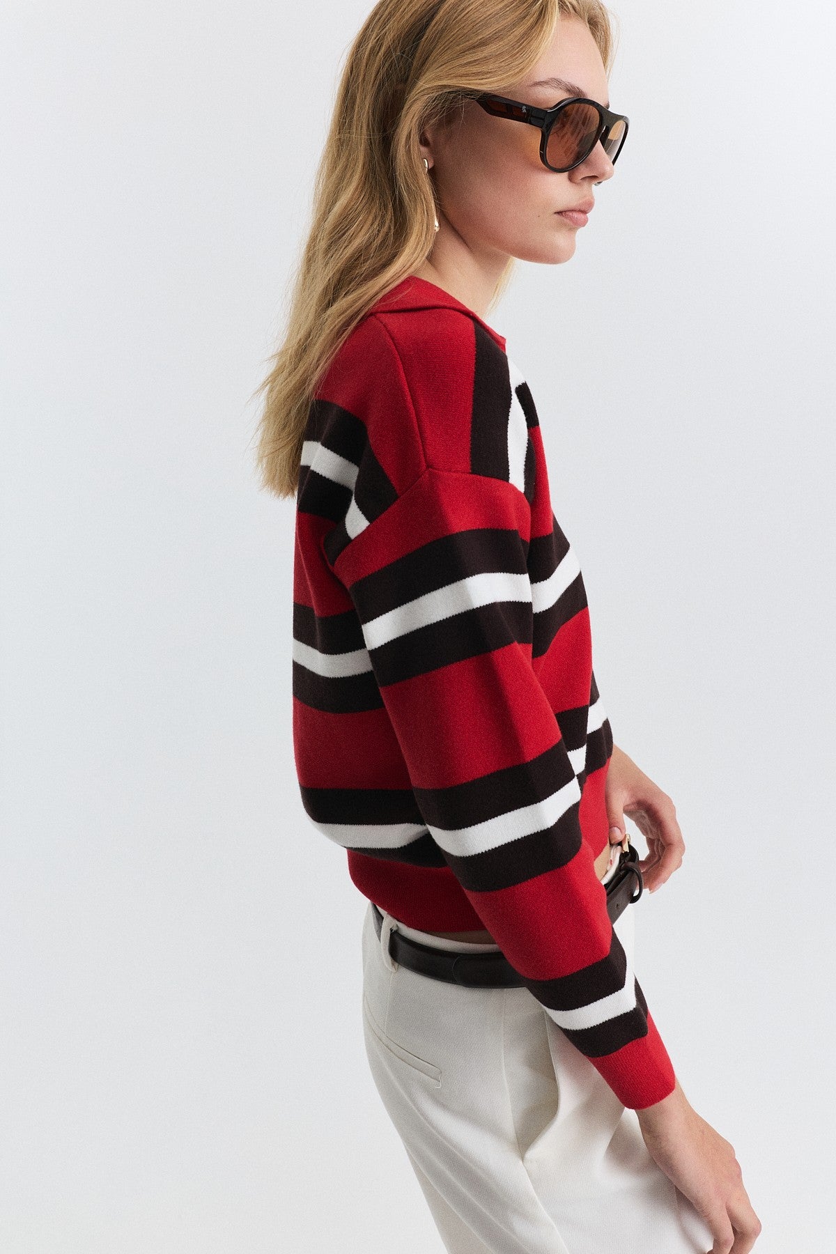 Striped Polo-Neck Sweater