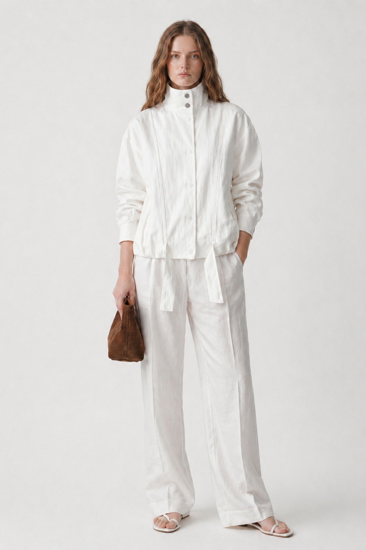 Linen-Blend Stand-Up Collar Bomber Jacket