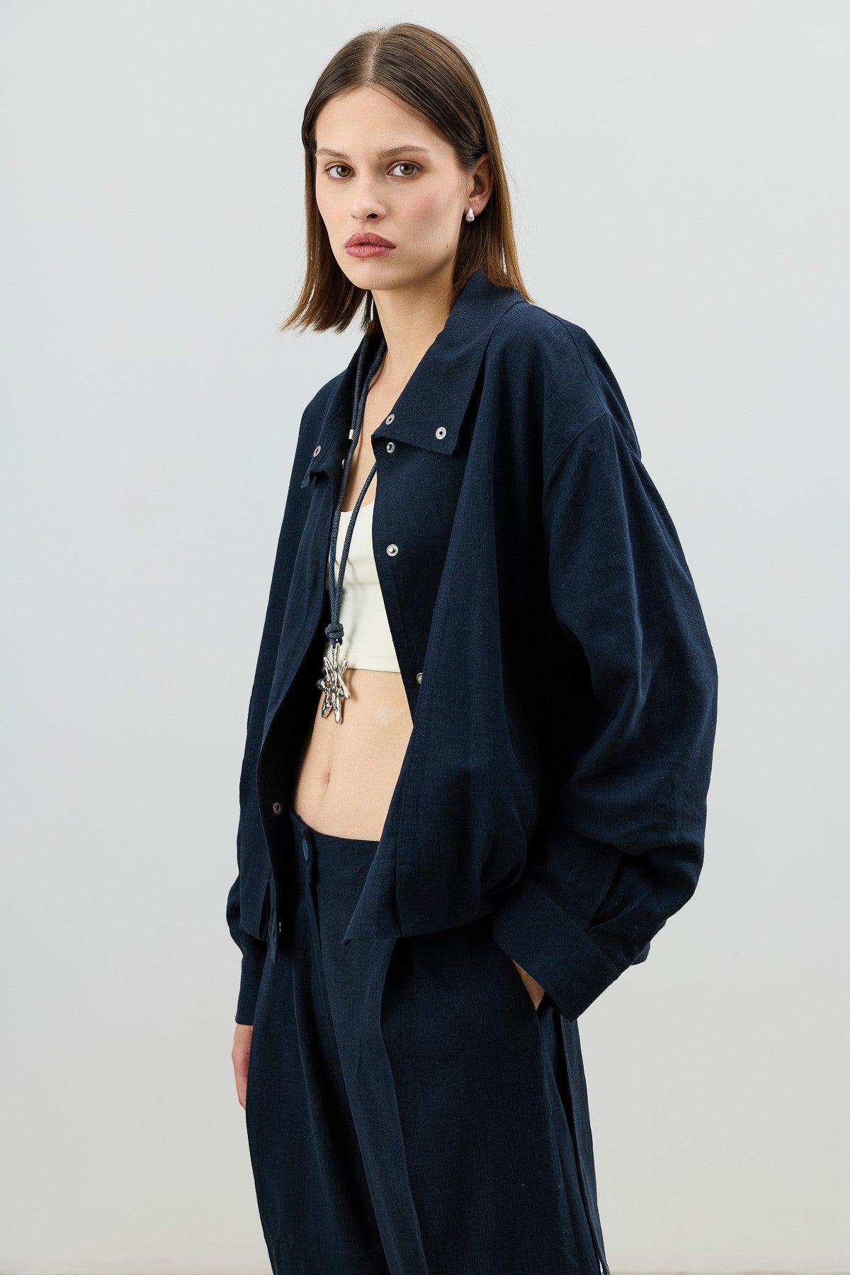 Antioch Linen-Blend Stand-Up Collar Bomber Jacket