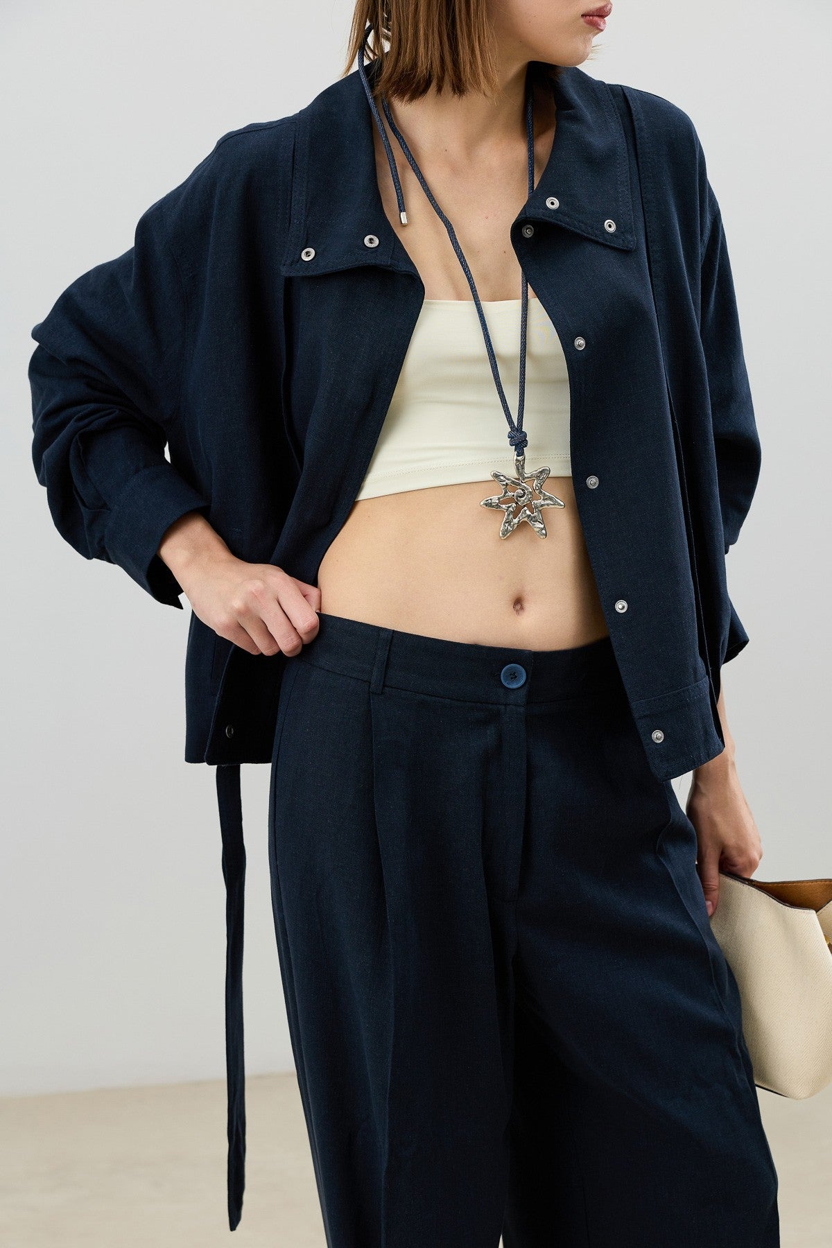 Antioch Linen-Blend Stand-Up Collar Bomber Jacket