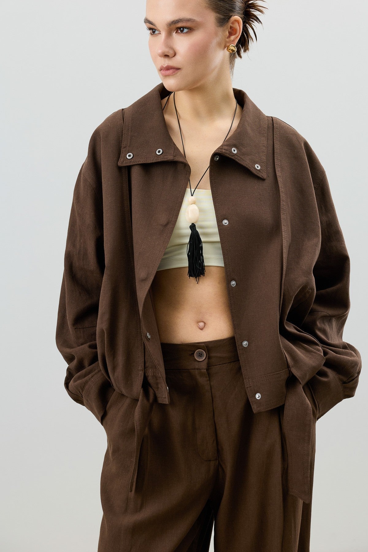 Antioch Linen-Blend Stand-Up Collar Bomber Jacket