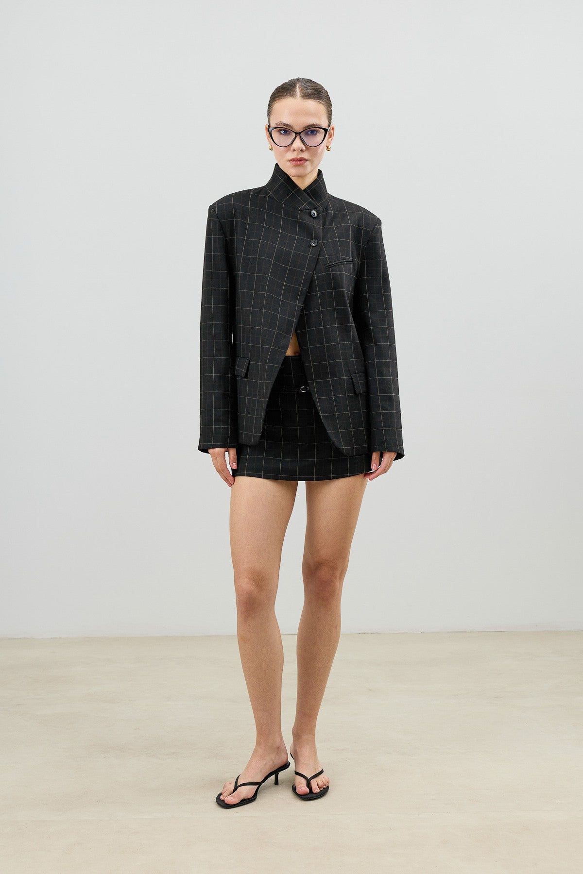 Antioch Checkered Stand-Up Collar Women's Blazer Jacket