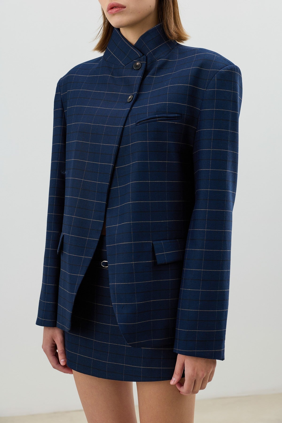 Antioch Checkered Stand-Up Collar Women's Blazer Jacket