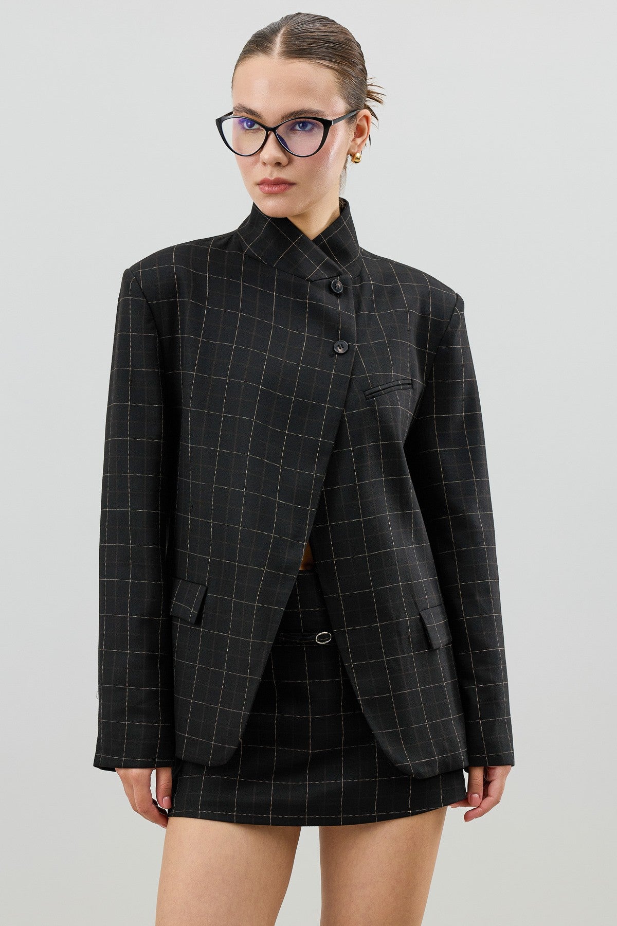 Antioch Checkered Stand-Up Collar Women's Blazer Jacket