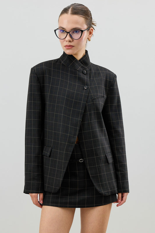 Antioch Checkered Stand-Up Collar Women's Blazer Jacket