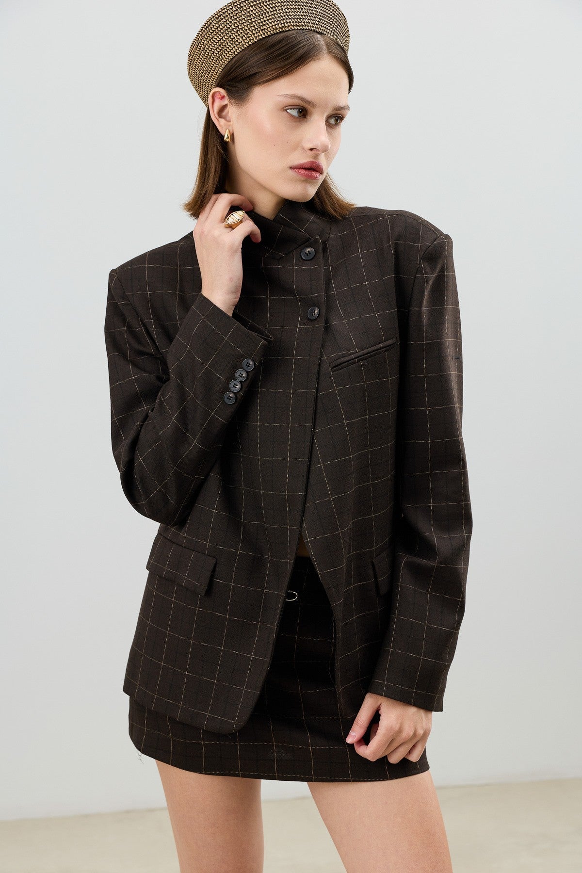 Antioch Checkered Stand-Up Collar Women's Blazer Jacket