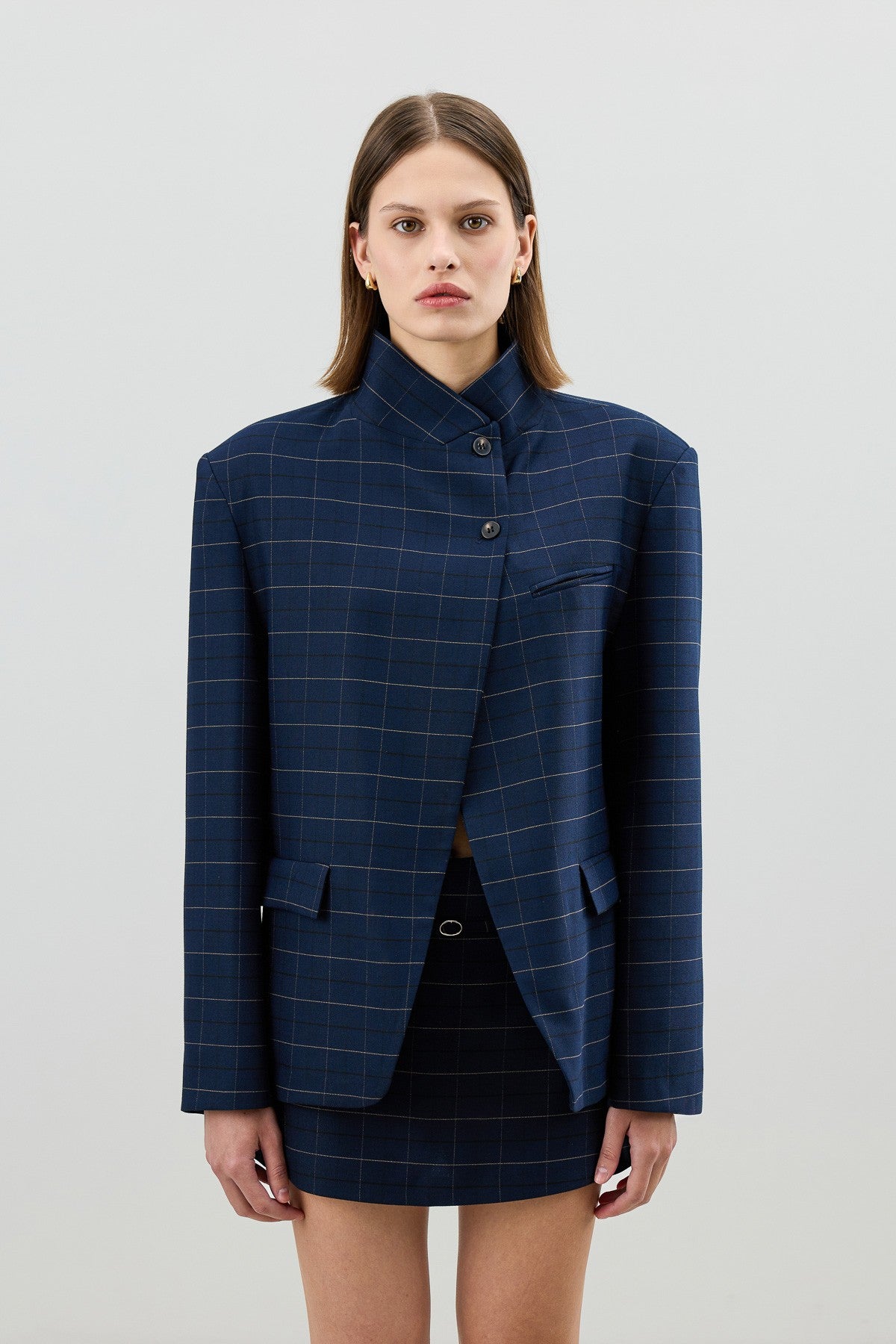 Antioch Checkered Stand-Up Collar Women's Blazer Jacket
