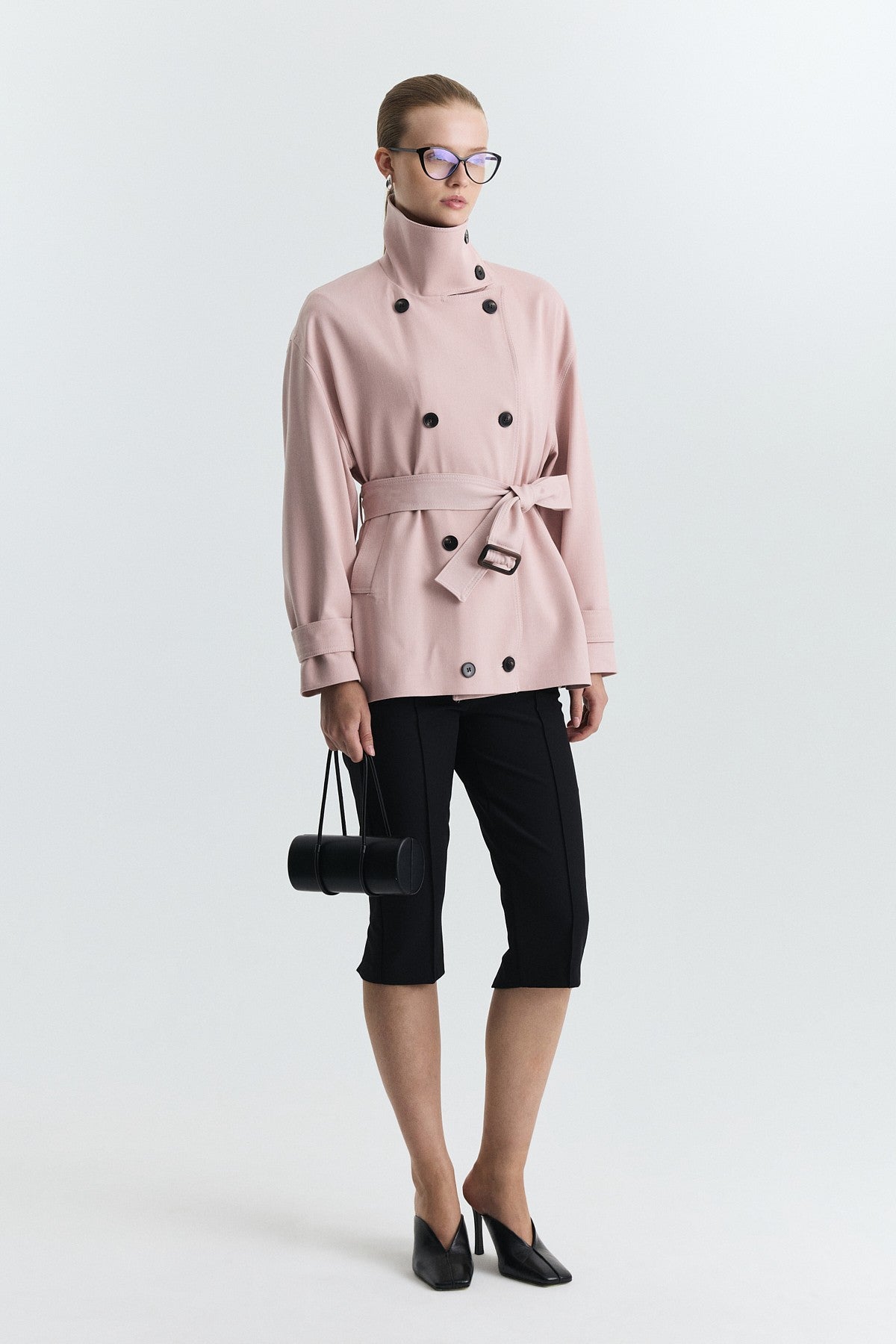 Stand-Up Collar Double-Breasted Belted Trench Coat