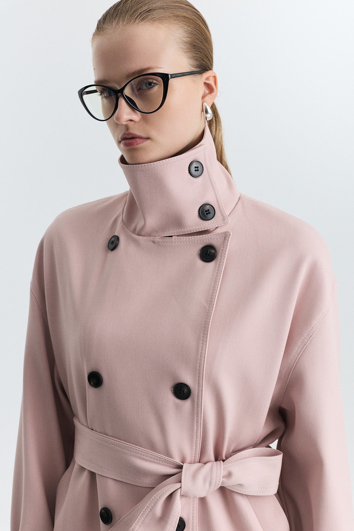 Stand-Up Collar Double-Breasted Belted Trench Coat