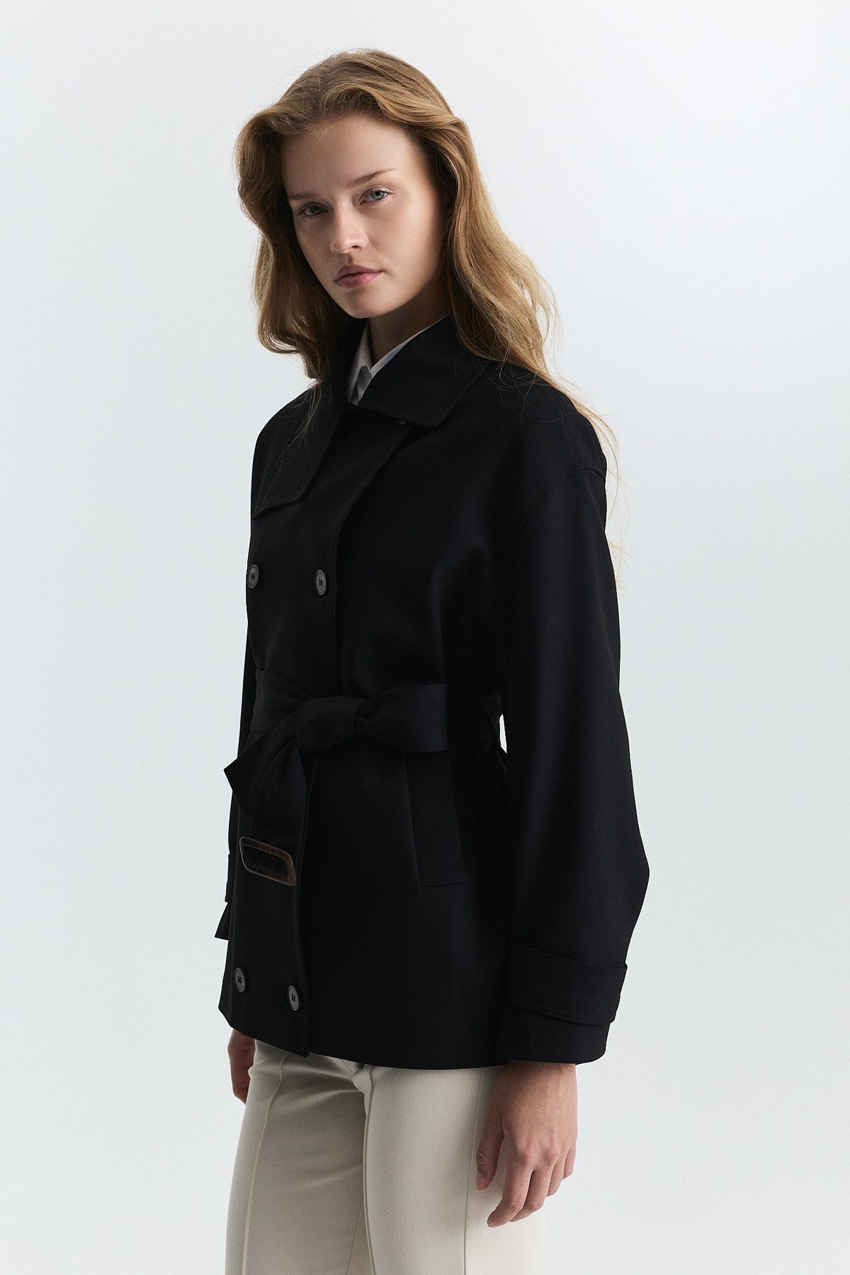 Stand-Up Collar Double-Breasted Belted Trench Coat