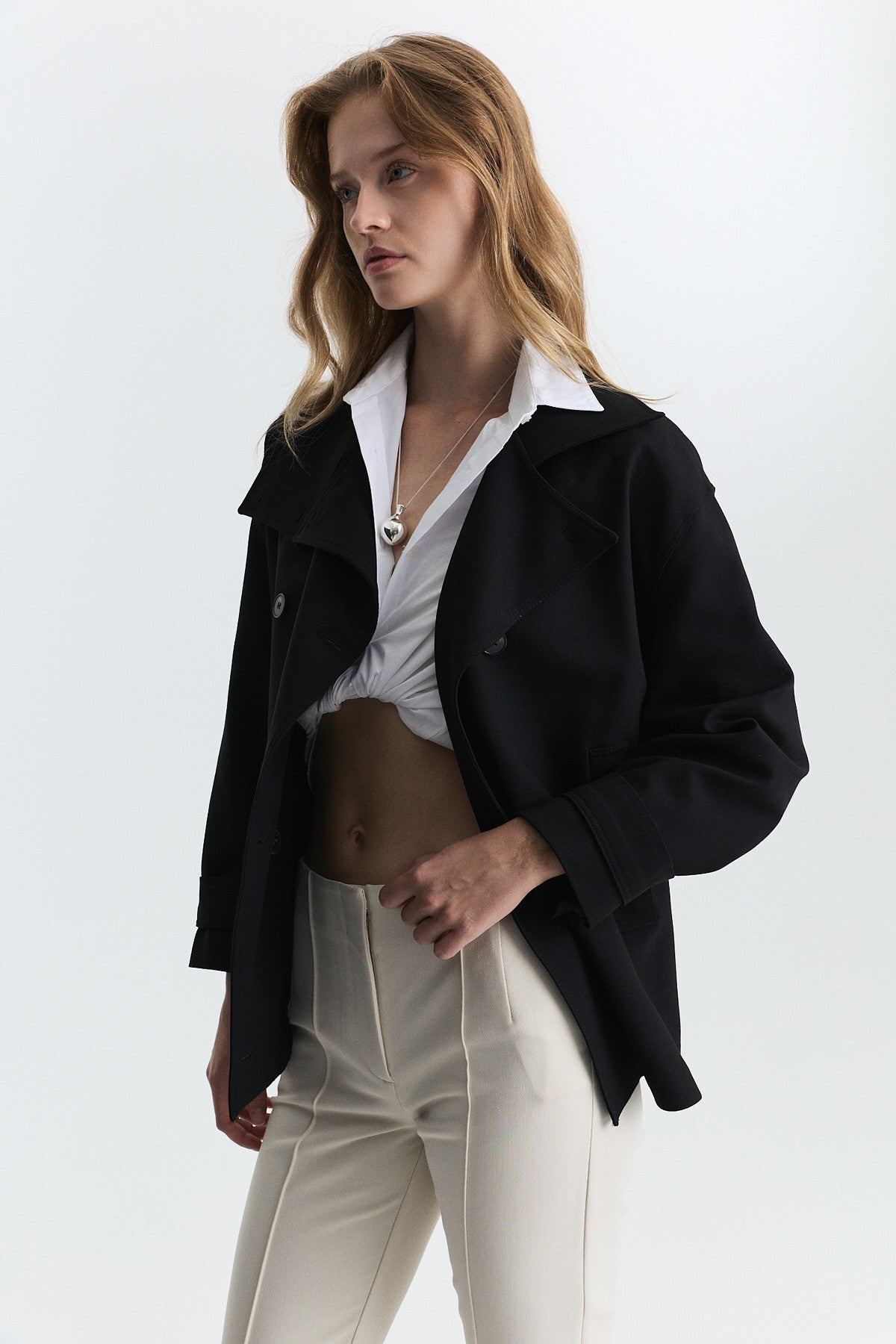 Stand-Up Collar Double-Breasted Belted Trench Coat