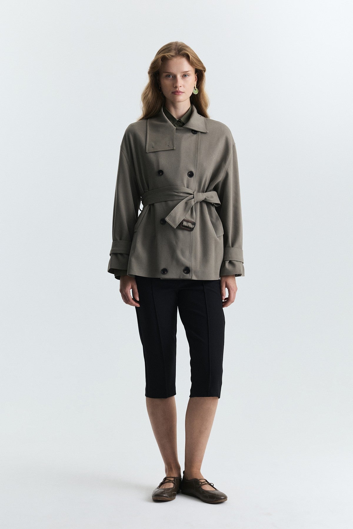 Stand-Up Collar Double-Breasted Belted Trench Coat
