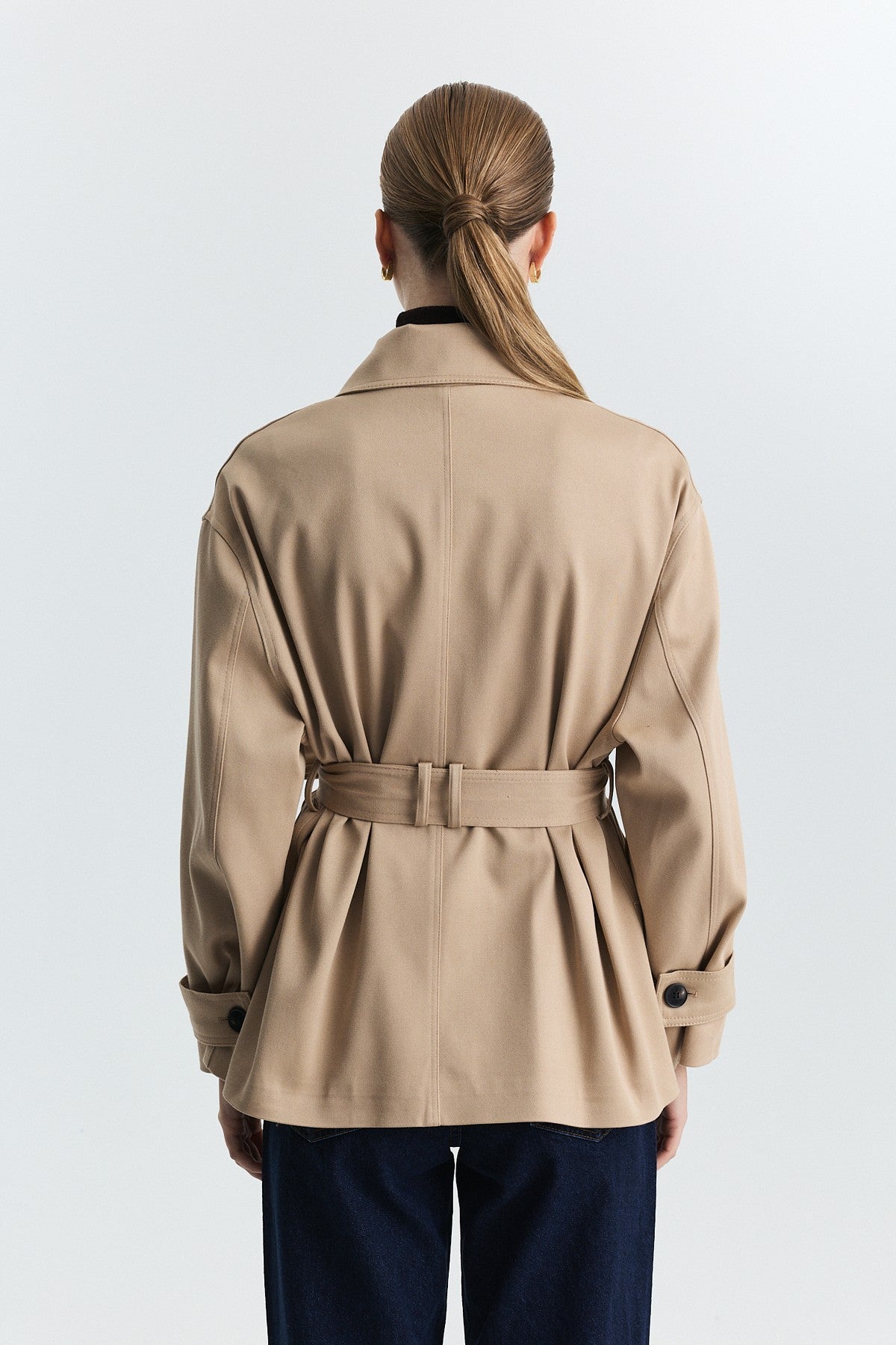 Stand-Up Collar Double-Breasted Belted Trench Coat