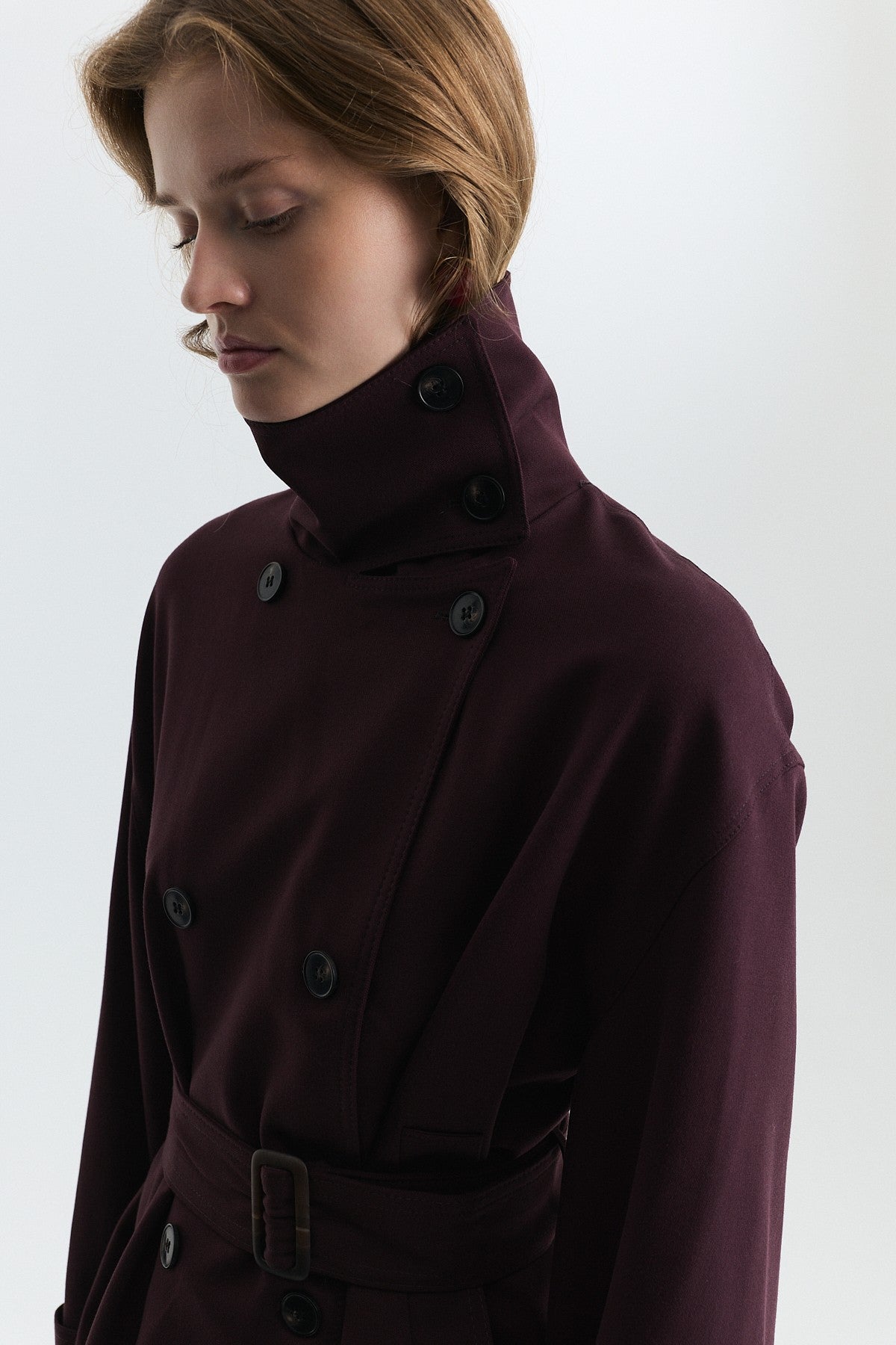 Stand-Up Collar Double-Breasted Belted Trench Coat