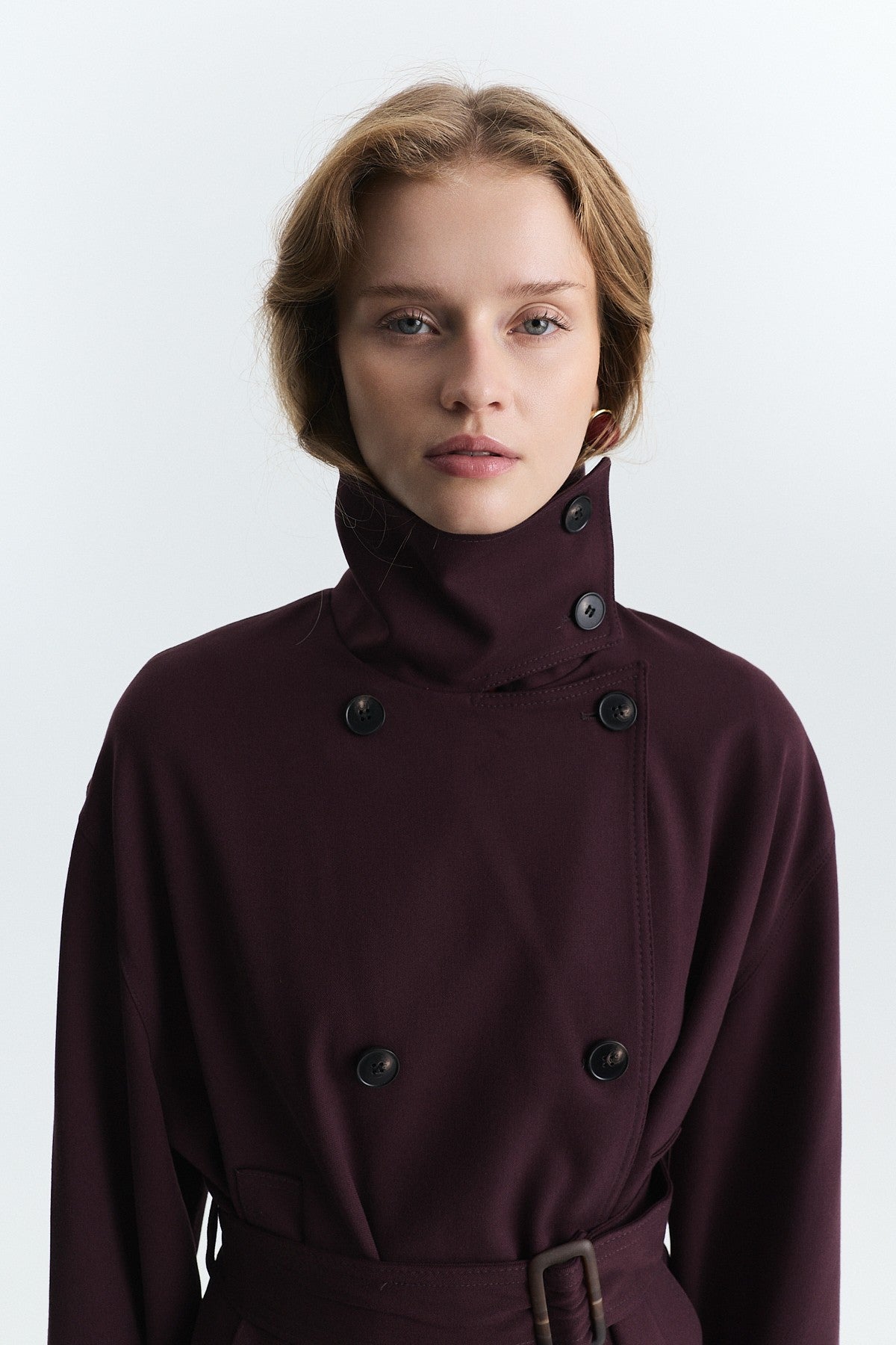Stand-Up Collar Double-Breasted Belted Trench Coat