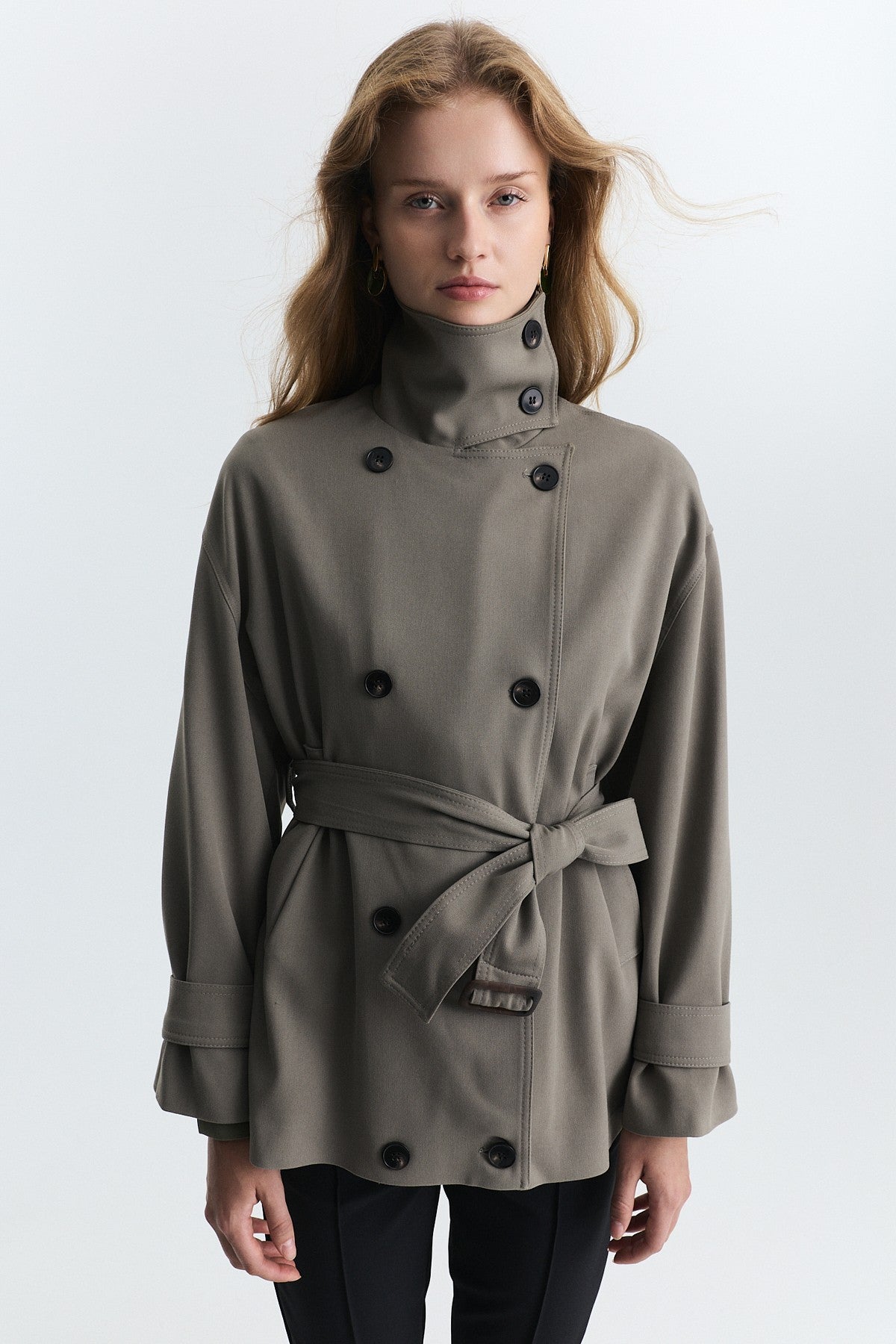 Stand-Up Collar Double-Breasted Belted Trench Coat