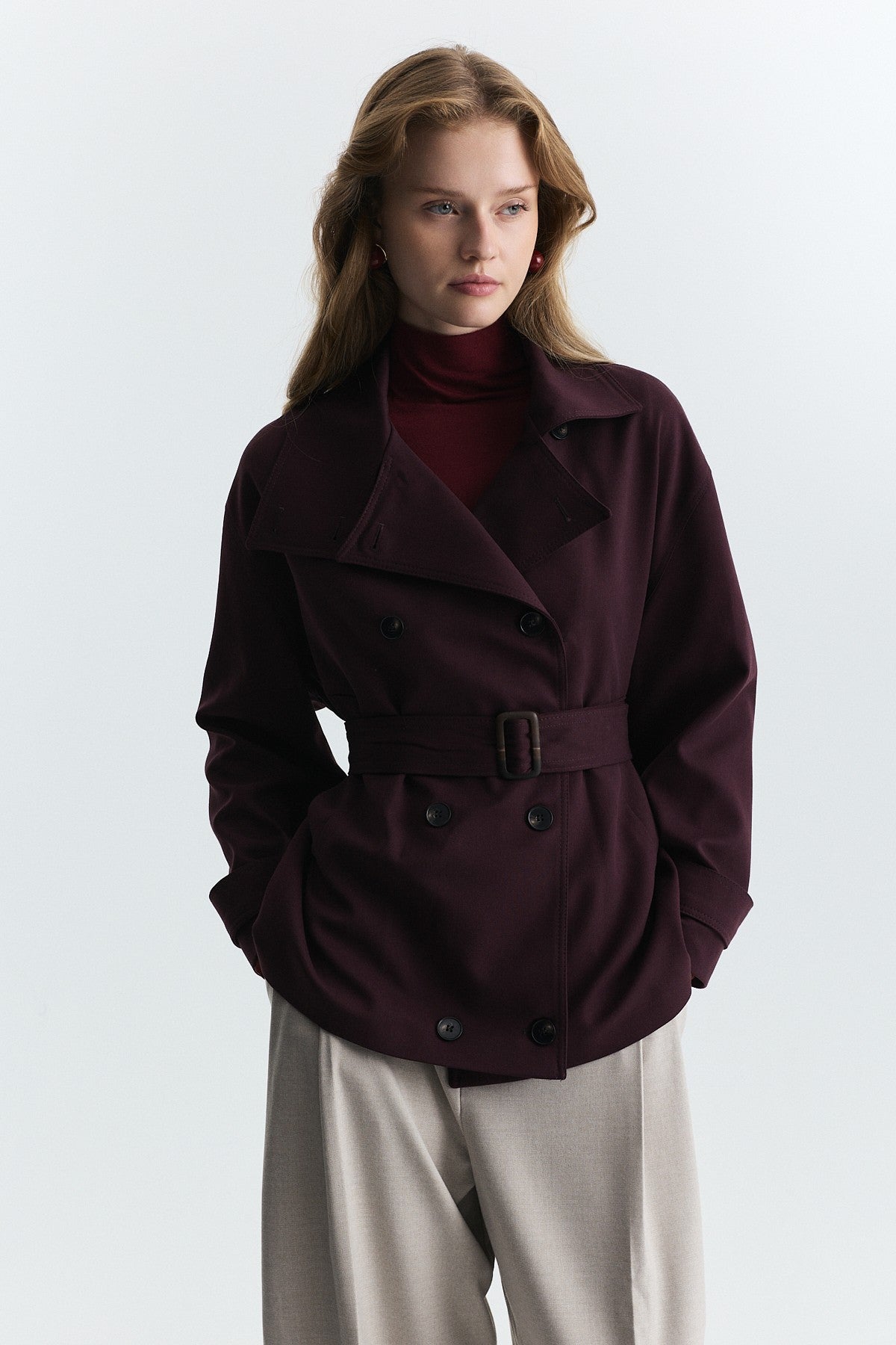 Stand-Up Collar Double-Breasted Belted Trench Coat