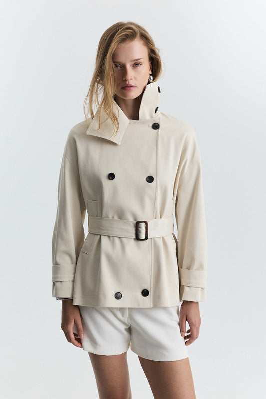 Stand-Up Collar Double-Breasted Belted Trench Coat