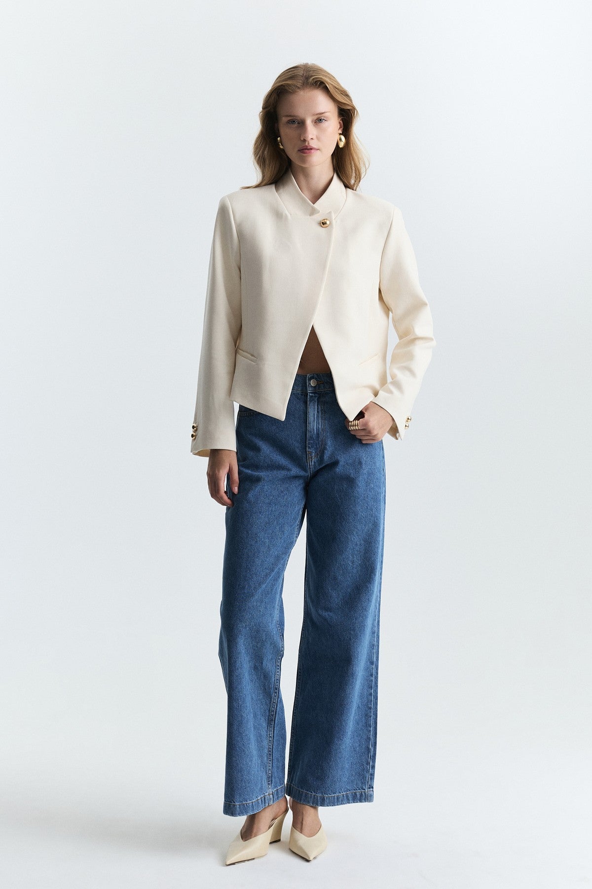 Stand-Up Collar, Single-Button Blazer Jacket