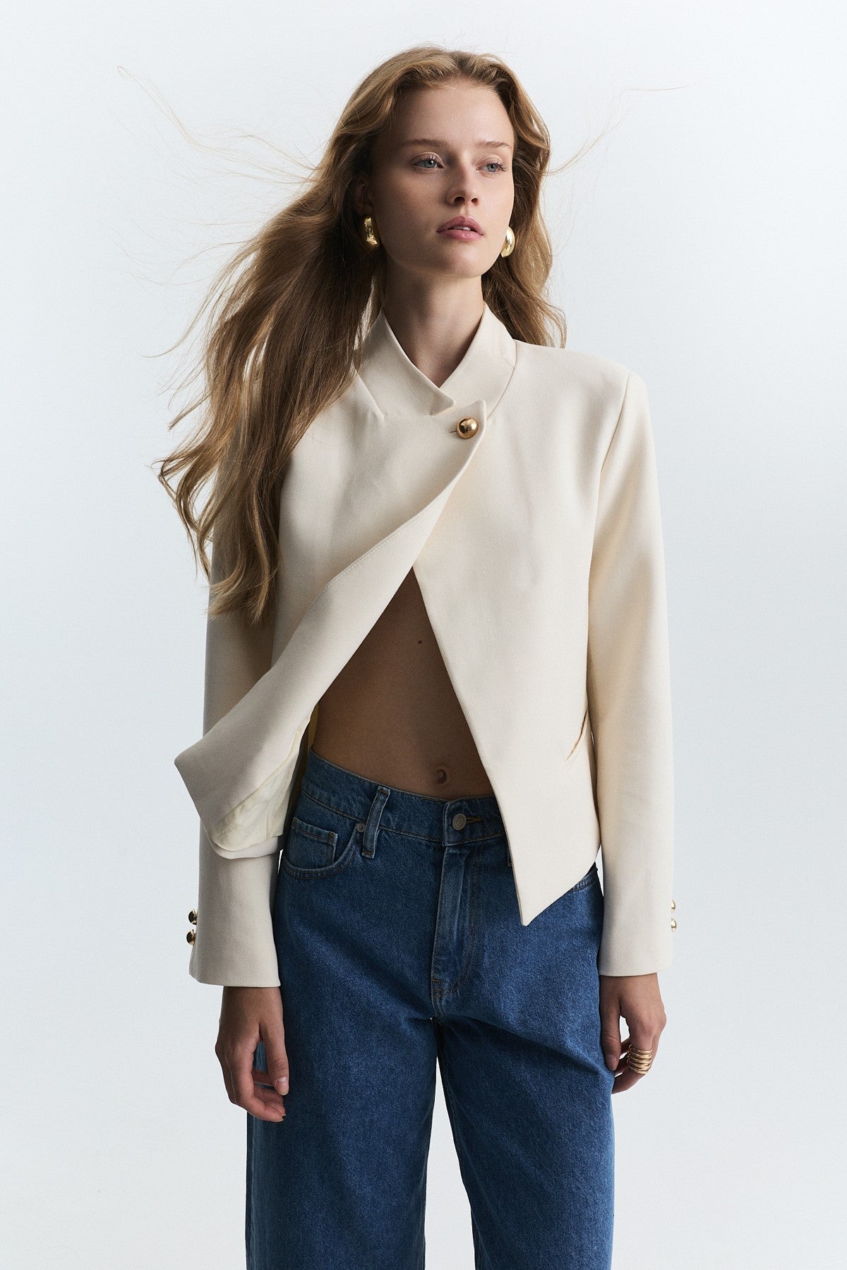 Stand-Up Collar, Single-Button Blazer Jacket