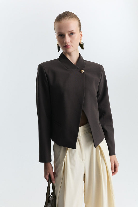 Stand-Up Collar, Single-Button Blazer Jacket