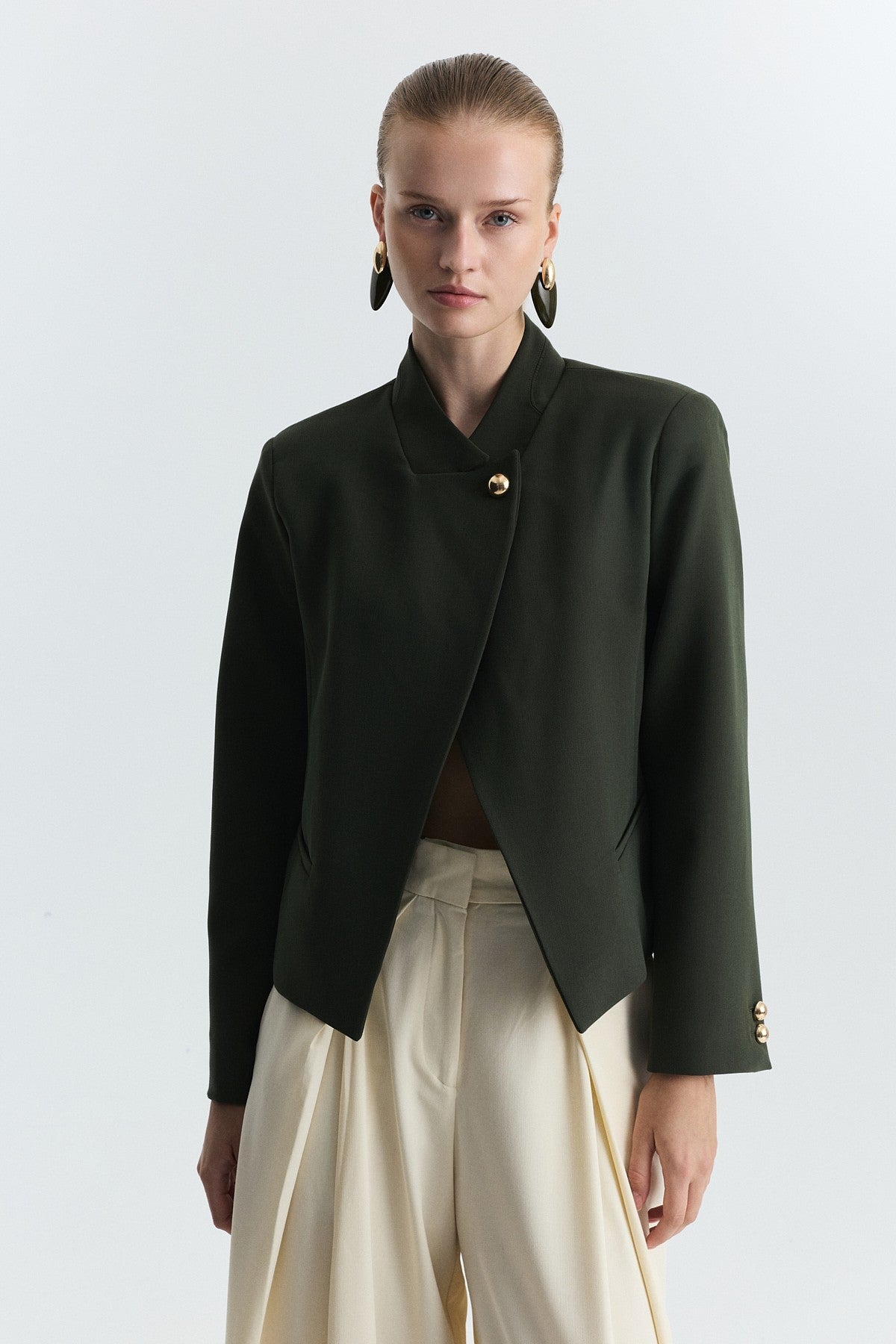 Stand-Up Collar, Single-Button Blazer Jacket