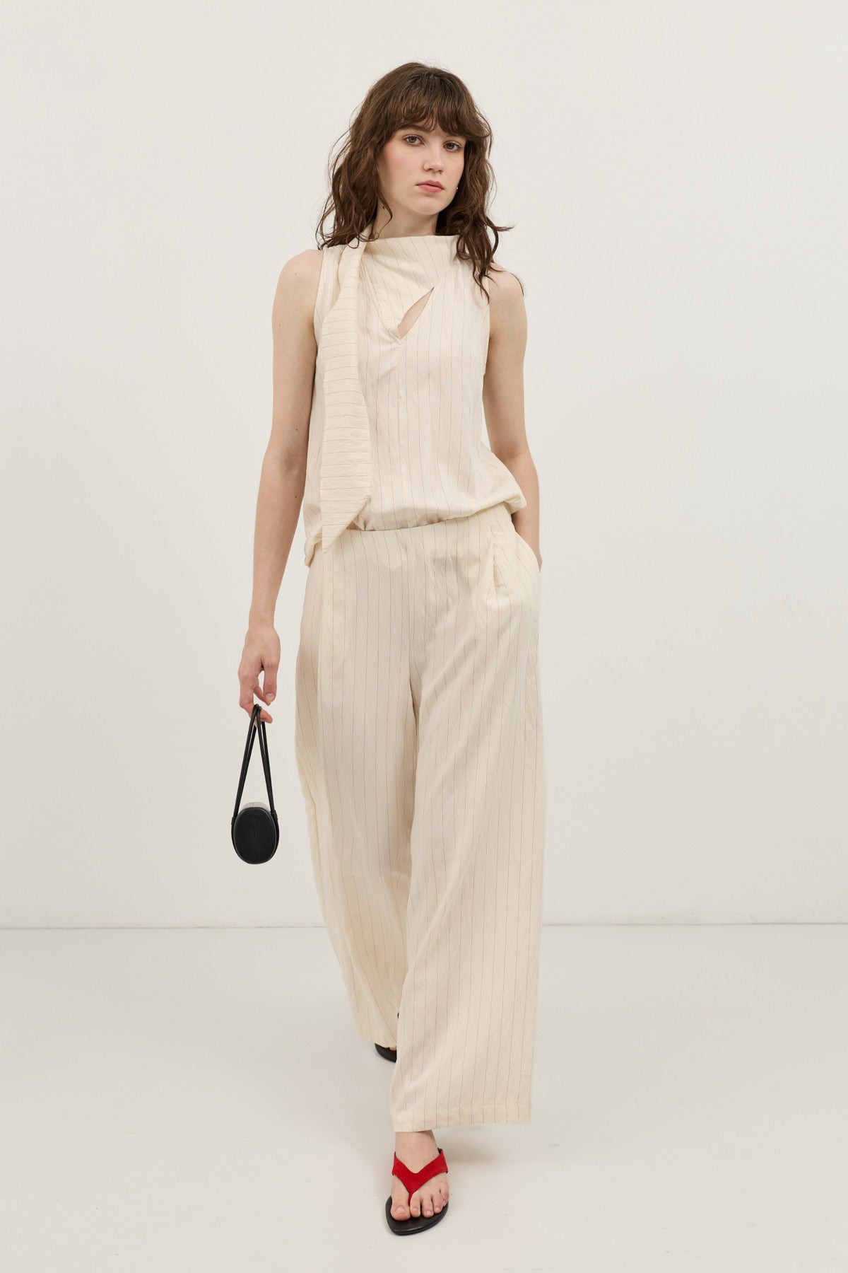 Cream-Colored Shawl-Collar Striped Women's Set