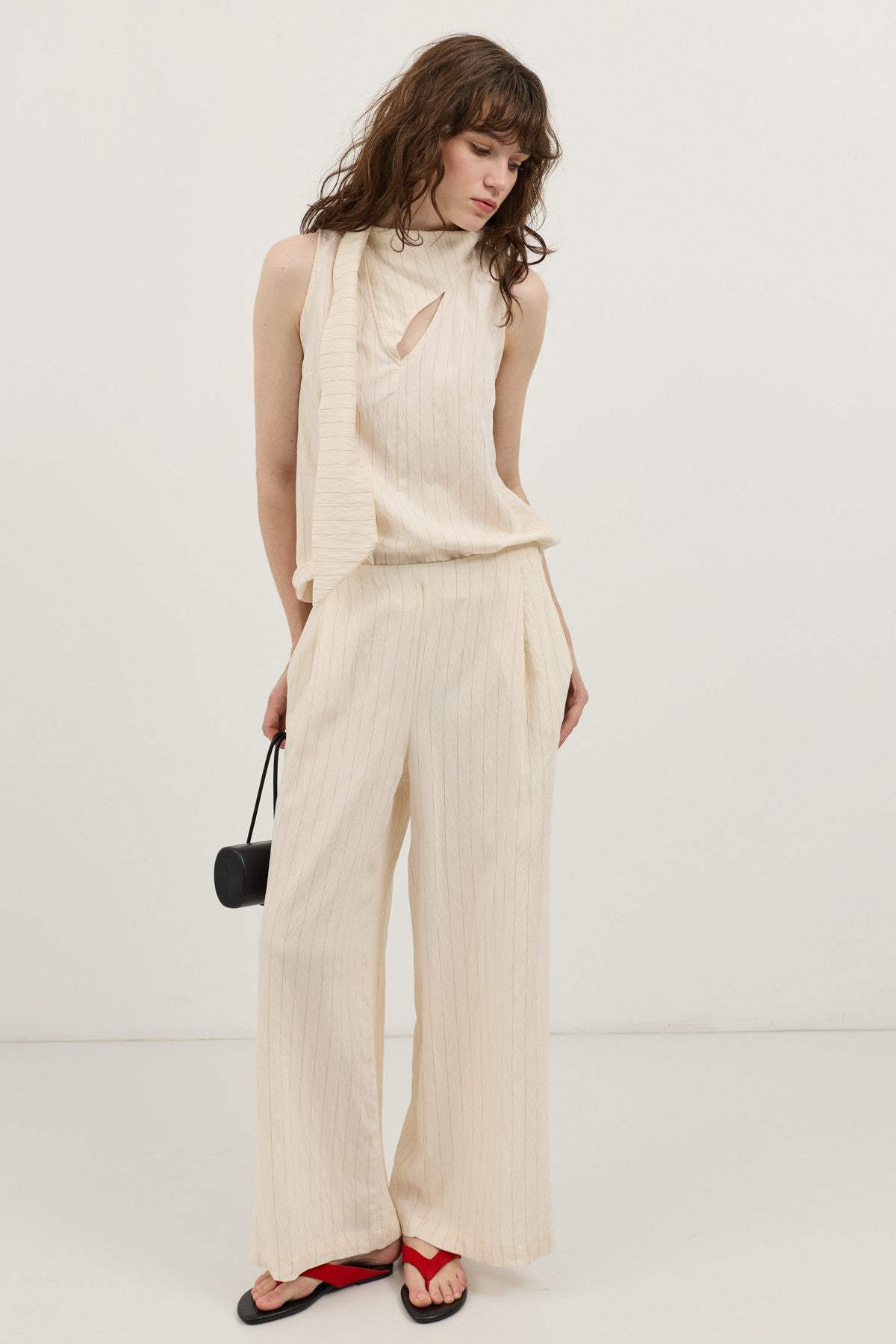 Cream-Colored Shawl-Collar Striped Women's Set
