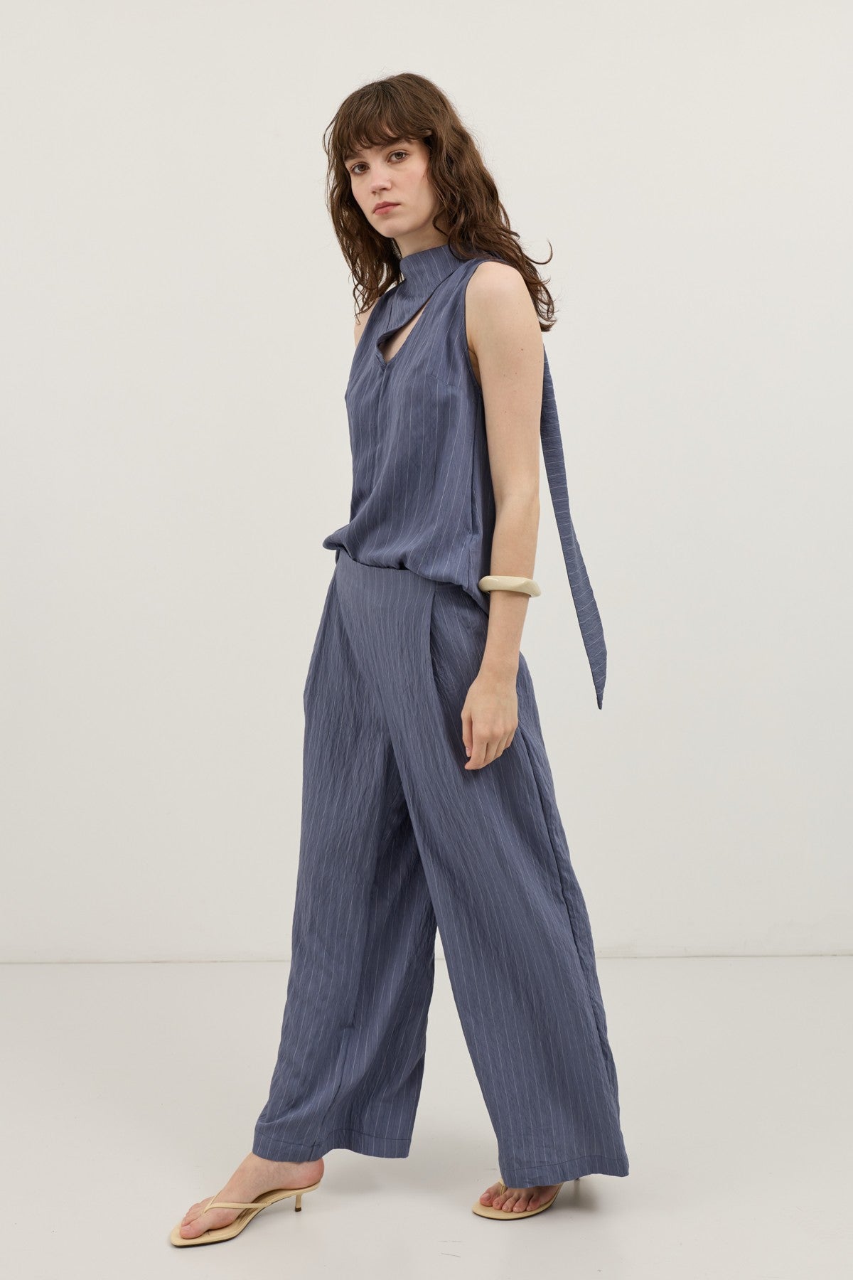 Cream-Colored Shawl-Collar Striped Women's Set